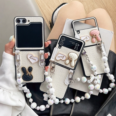 Coque De Téléphone Pliable Avec Chaîne En Künstliche Perles Tweed Tissé Lapin Cœur Amour Pour Samsung Galaxy Z Flip Et Huawei Pocket 2
