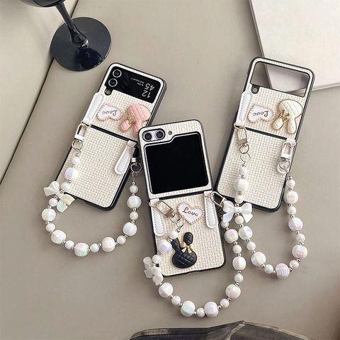 Coque De Téléphone Pliable Avec Chaîne En Künstliche Perles Tweed Tissé Lapin Cœur Amour Pour Samsung Galaxy Z Flip Et Huawei Pocket 2