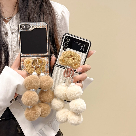 Folding Phone Case Tweed Fabric With Plush Bear Charm And Faux Artificial Pearl Wrist Strap Handheld Protective Cover Stylish