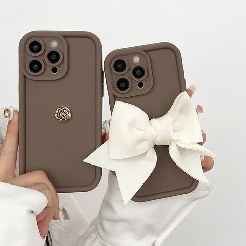 Phone Case TPU Silicone Metal Flower Fabric Ribbon Bow Anti-Fall Coffee Brown Decorative For Women Girls Elegant Style