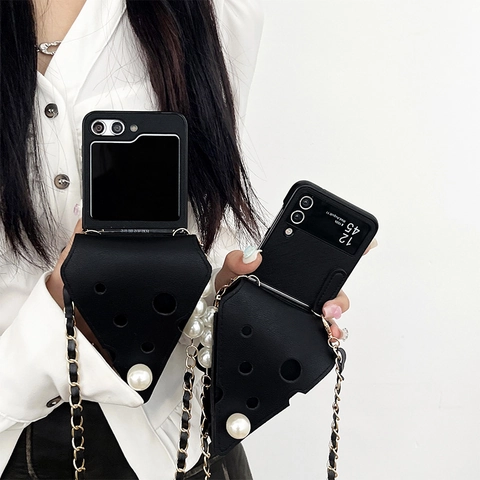 Funda Para Teléfono Queso Triángulo Con Perla Artificial Cuero PU Cubierta Pantalla Plegable Cadena Bandolera Para Mujeres Elegante