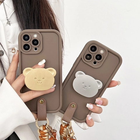 Custodia Per iPhone Con Supporto Orso TPU Silicone Antiurto Con Cordino Intrecciato E Tracolla In Pelle Stile Lusso