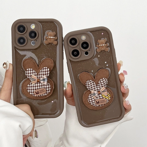 Custodia Per Telefono Marrone Silicone TPU Con Bambola 3D Di Coniglio E Orsetto Peluche Glitter Pied De Poule Antiurto Per IPhone