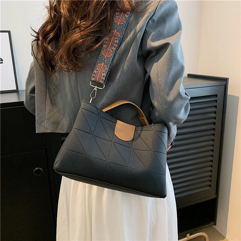 Geometric Triangle Quilting Women Handbag PU Leather Wide Ethnic Strap Crossbody Shoulder Bag Large Tote Fashionable