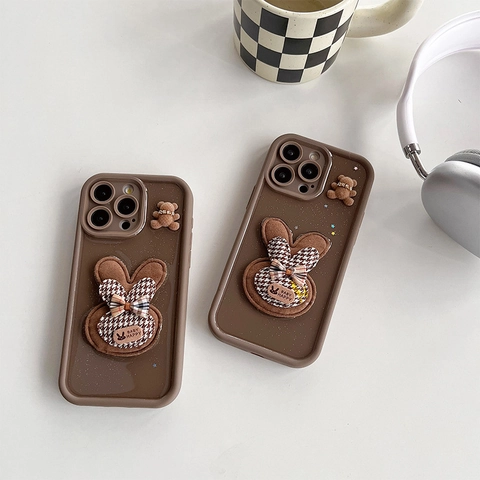 Custodia Per Telefono Marrone Silicone TPU Con Bambola 3D Di Coniglio E Orsetto Peluche Glitter Pied De Poule Antiurto Per IPhone
