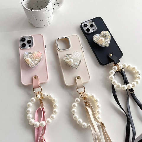 Luxury Heart Stand Phone Case Rhinestone Artificial Pearl Wrist Chain Faux Leather Crossbody Lanyard Protective Cover For IPhone
