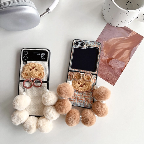 Folding Phone Case Tweed Fabric With Plush Bear Charm And Faux Artificial Pearl Wrist Strap Handheld Protective Cover Stylish