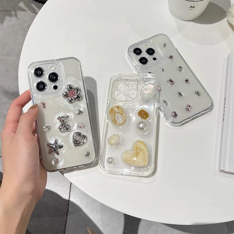 Custodia Per Smartphone 3D Glitterata Con Ciondoli Orso Stella Fiore Cuore Strass TPU Plastica Antiurto Per Donne Ragazze