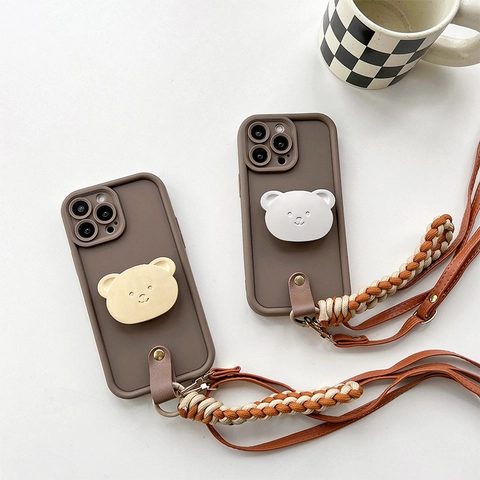 Custodia Per iPhone Con Supporto Orso TPU Silicone Antiurto Con Cordino Intrecciato E Tracolla In Pelle Stile Lusso