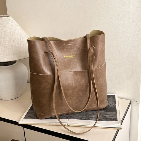 Große Tote Bag Damen Vintage PU Leder Schultertasche Mit Fronttaschen Schicke Unterarmtasche Täglicher Pendelverkehr