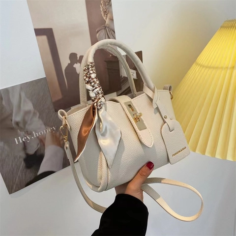 Borsa A Secchiello Da Donna In Pelle PU Con Grana Litchi E Foulard In Raso Elegante Borsa A Mano Borsa A Tracolla