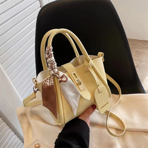 Borsa A Secchiello Da Donna In Pelle PU Con Grana Litchi E Foulard In Raso Elegante Borsa A Mano Borsa A Tracolla