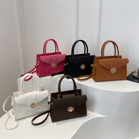 Women Shoulder Bag PU Leather Envelope Flip Golden Flower Metal Lock Handbag Crossbody Commuting Minimalist Elegant