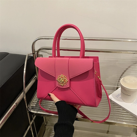 Women Shoulder Bag PU Leather Envelope Flip Golden Flower Metal Lock Handbag Crossbody Commuting Minimalist Elegant