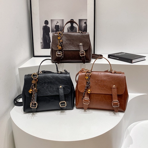Multifunktionale Damen Handtasche Retro PU Leder Buchstaben Prägung Umhängetasche Rucksack Vintage Britischer College Stil