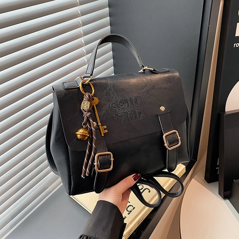Multifunktionale Damen Handtasche Retro PU Leder Buchstaben Prägung Umhängetasche Rucksack Vintage Britischer College Stil