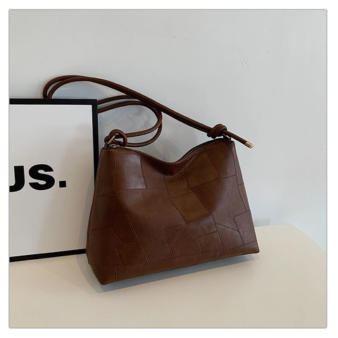 Damen Geometrisches Patchwork PU Leder Tragetasche Große Kapazität Lässige Umhängetasche Mit Knotengriff Für Arbeit Pendeln