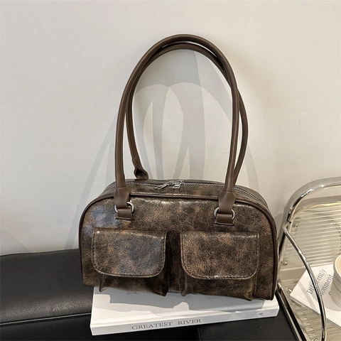 Borsa a Tracolla Vintage in Pelle PU da Donna Retro Underarm Tote Con Doppie Tasche Frontali Urban Minimalist Bowling Handbag