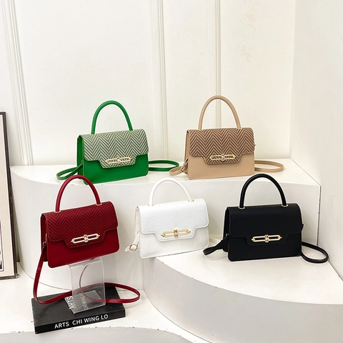 Borsa A Tracolla Da Donna Pelle PU Patchwork Strutturato Patta Borsa A Mano Con Manico Fibbia In Metallo Dorato Chic