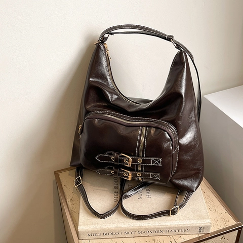 Women Retro PU Leather Large Capacity Tote Bag Multi-pocket Shoulder Crossbody Backpack Preppy Style Commuter Handbag