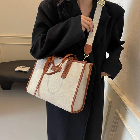 Borsa Tote Da Donna In Tela Grande Capacità Con Finiture In Pelle Tracolla Larga Regolabile Borsa A Mano Minimalista Urbana