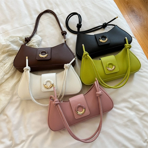 Women PU Leather Underarm Bag With Knotted Strap Metal Ring Buckle Solid Color Half Moon Shoulder Handbag Fashion Casual
