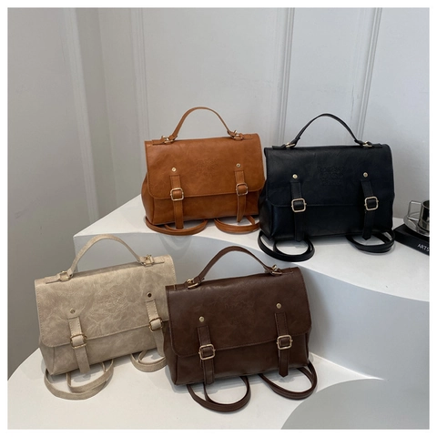 Zaino Borsa A Mano In Pelle PU Retrò Per Donna Grande Capacità Patta Doppia Fibbia Cinturino Stile Preppy Borsa Scuola