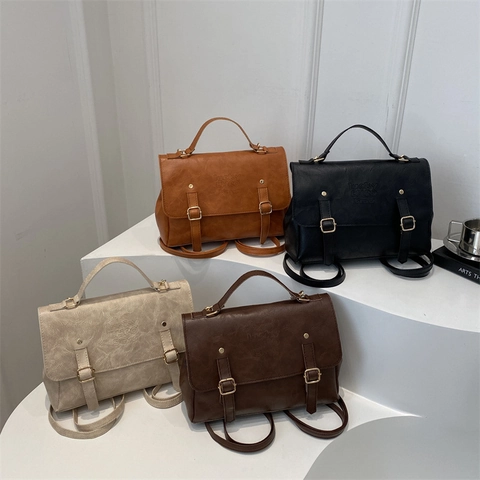 Women Retro PU Leather Backpack Preppy Style Flap Shoulder Bag Large Capacity Handbag Casual Square Briefcase School Bag