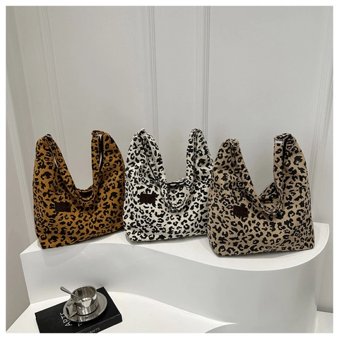 Damen Leopardenmuster Cord Große Kapazität Tote Bag Retro Schultertasche Lässige Fashion Shopper Weich