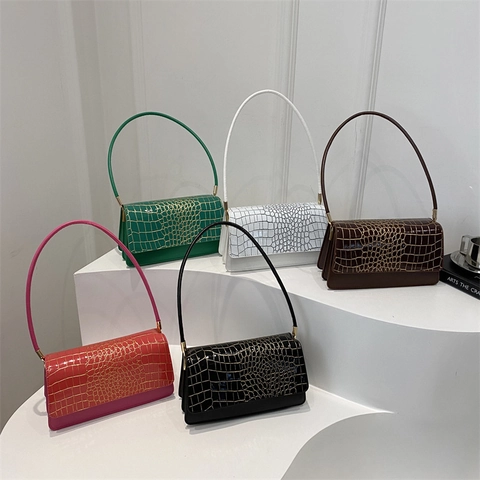 Elegant Women Underarm Bag Crocodile Pattern Pu Leather Solid Color Fashionable Vintage Rectangular Shoulder Handbag