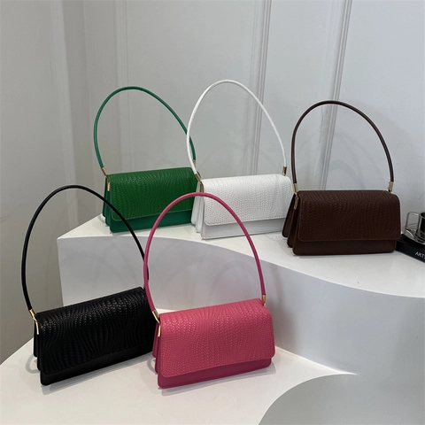 Damen Achseltasche PU Leder Gewebte Struktur Klappe Schultertasche Retro Minimalistische Baguette Tasche Elegant