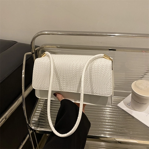 Damen Achseltasche PU Leder Gewebte Struktur Klappe Schultertasche Retro Minimalistische Baguette Tasche Elegant