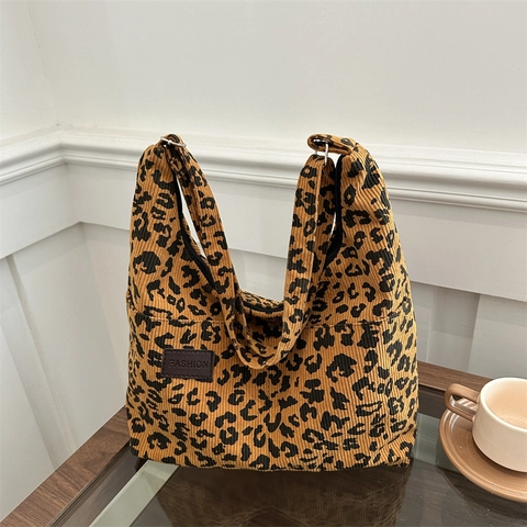 Leopard Print Tragetasche Corduroy Große Kapazität Retro Umhängetasche Damen Casual Fashion Patch Handtasche