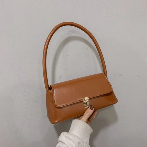 Retro PU Leather Baguette Bag Vintage Underarm Shoulder Handbag With Gold Metal Lock Minimalist Solid Color For Women