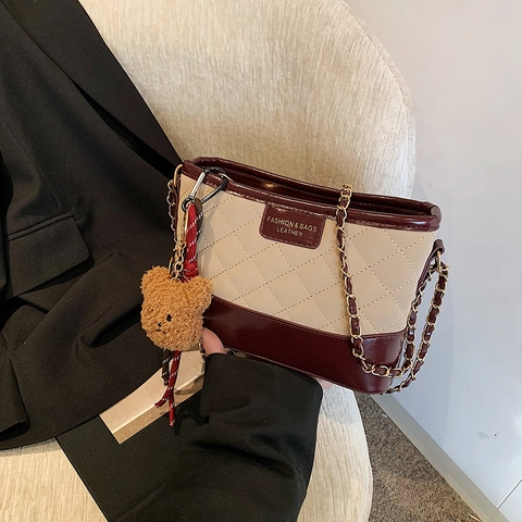 Women Quilted Rhombic Shoulder Crossbody Hobo Bag PU Leather Contrast Color Patchwork Metal Chain Strap Plush Bear Charm