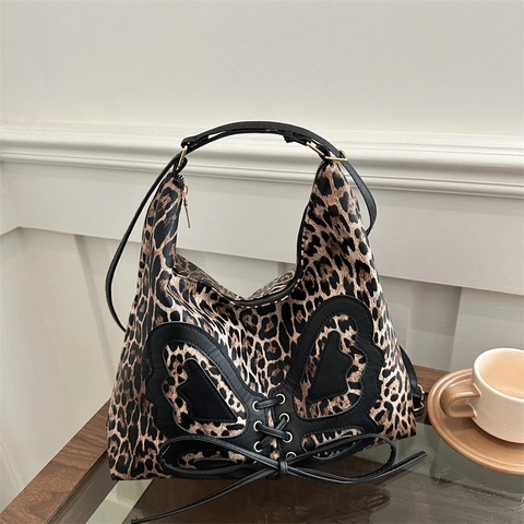Retro Leopardenmuster Hobo Schultertasche Für Damen Große Kapazität PU Leder Tragetasche Mit Schleifenknoten Schnürung Mode Handtasche