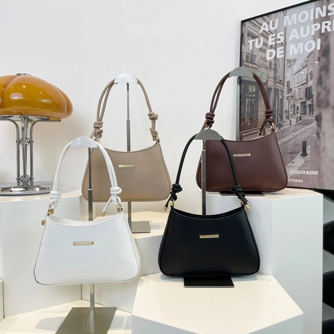 Women PU Leather Underarm Shoulder Bag With Knot Strap And Gold Metal Bar Minimalist Commuter Elegant Handbag