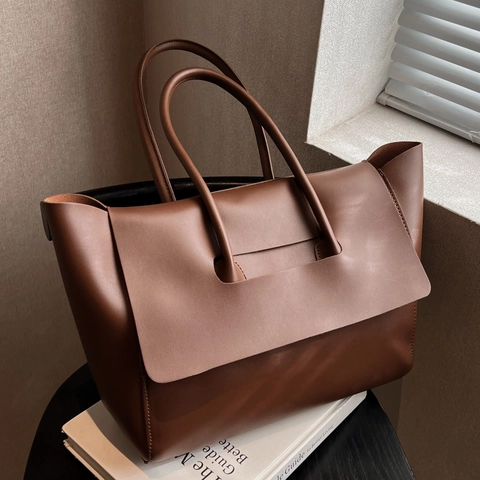 Large Capacity PU Leather Tote Bag Women Minimalist Commute Handbag With Flap Cover Office Daily Solid Color