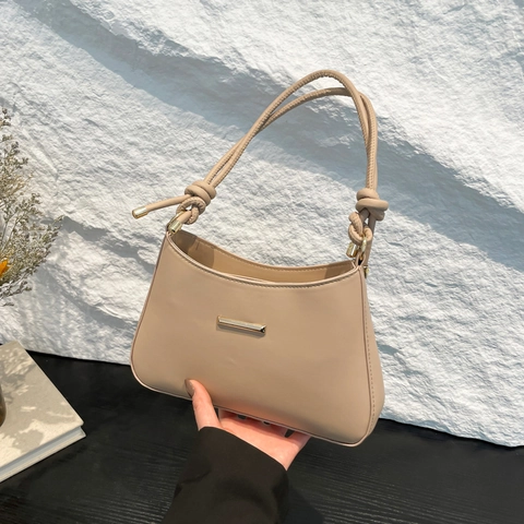 Women PU Leather Underarm Shoulder Bag With Knot Strap And Gold Metal Bar Minimalist Commuter Elegant Handbag