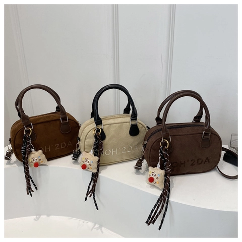 Borsa Bowling Americana Vintage in Pelle Scamosciata Smerigliata per Donna Borsa a Mano con Lettere Ricamate Boston