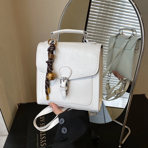Women PU Leather Vintage Multi-functional Backpack Shoulder Bag Flap Buckle Handbag With Bell Pendant