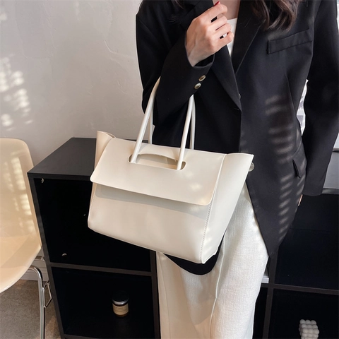 Large Capacity PU Leather Tote Bag Women Minimalist Commute Handbag With Flap Cover Office Daily Solid Color