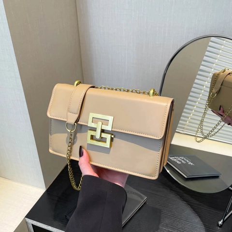 Women PU Leather Shoulder Bag Retro Small Square Crossbody With Metal Chain Gold Geometric Lock Buckle Vintage Flap Purse