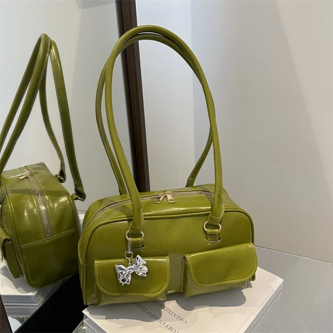 Glossy PU Women Underarm Bag With Double Pockets Bow Charm Urban Minimalist Shoulder Bag Retro Solid Color Commuting Handbag