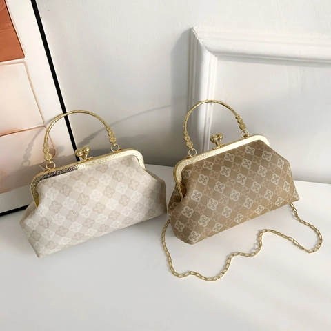 Borsa a Conchiglia in Pelle PU Retrò per Donna Elegante Borsa a Mano con Stampa Floreale Chiusura a Scatto Manico in Metallo Oro e Tracolla