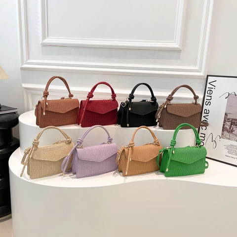 Women Woven Texture PU Leather Small Square Bag Knot Handle Envelope Flap Shoulder Crossbody Bag Fashion Commuting Handbag