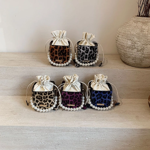 Secchiello Donna Stampa Leopardata Moda Manico Perle Catena Oro Mini Borsa Tracolla Coulisse Quadrata Borsa a Mano Alla Moda Quotidiana