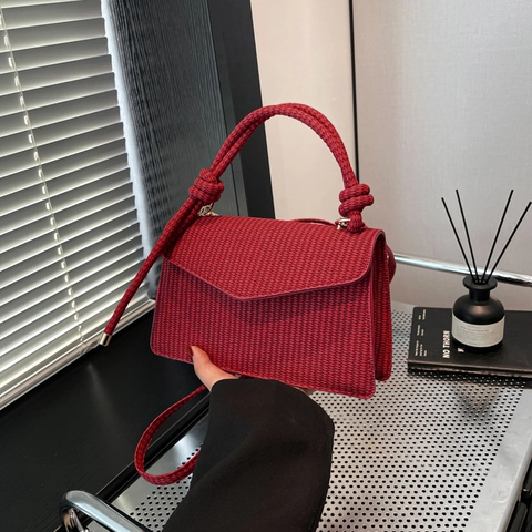 Women Retro PU Leather Woven Texture Shoulder Bag Minimalist Knot Handle Handbag Fashion Solid Color Crossbody Square Bag
