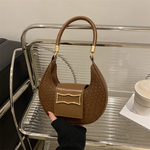 Dames Hobo Schoudertas PU Leer Gevlochten Krokodillenreliëf Halve Maan Handtas Met Gouden Gesp Retro Minimalistisch Onderarm