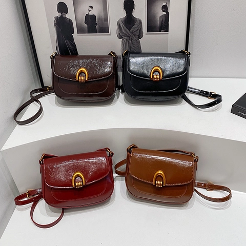 Borsa Tracolla Sella Vintage Donne Pelle PU Lucida Fibbia Metallo U Tracolla Regolabile Borsa Spalla Retrò
